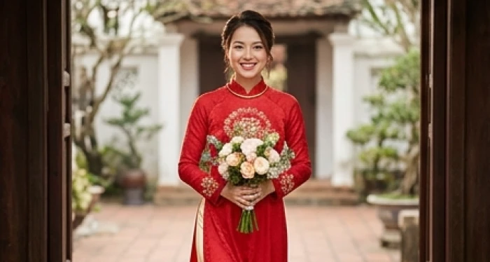 Cô dâu Mậu Dần duyên dáng trong bộ áo dài truyền thống thực hiện nghi thức rước dâu bước qua cổng nhà chồng