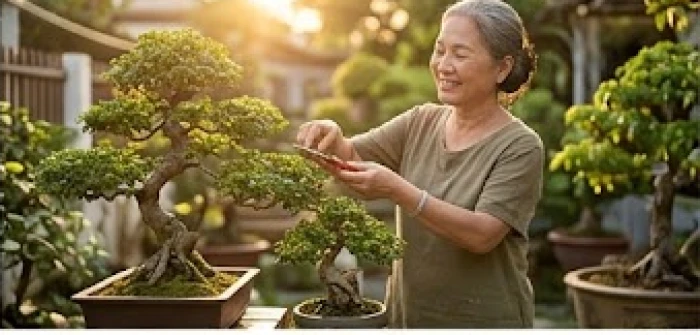 Người phụ nữ lớn tuổi đang nhẹ nhàng chăm sóc cây cảnh trong khu vườn nhỏ yên bình ngập nắng