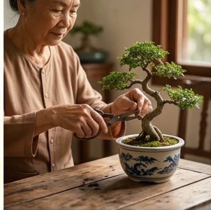 Cụ bà cẩn thận tỉa lá cho chậu bonsai đặt trên chiếc bàn gỗ mộc mạc bên hiên nhà