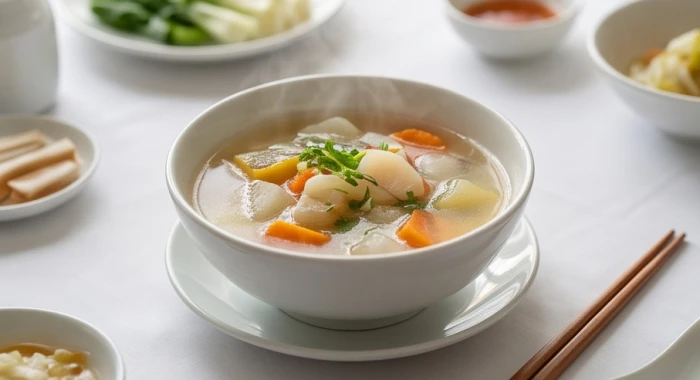 Bát súp rau củ hấp chín mềm thanh đạm bốc khói nghi ngút trên bàn ăn
