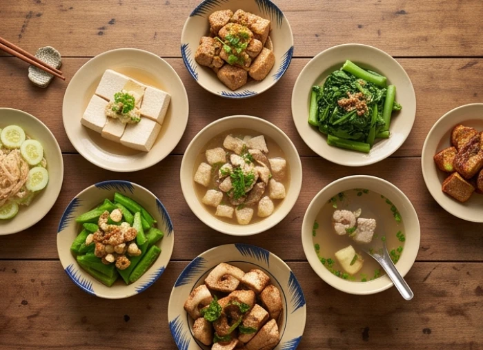 Mâm cơm gia đình thanh đạm giàu đạm thực vật từ đậu hũ và rau xanh dành cho người lớn tuổi