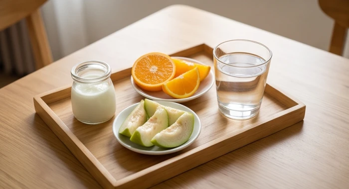 Khay ăn nhẹ lành mạnh của bé trai với sữa chua, những lát cam tươi, ổi giòn cùng ly nước lọc ấm sạch sẽ