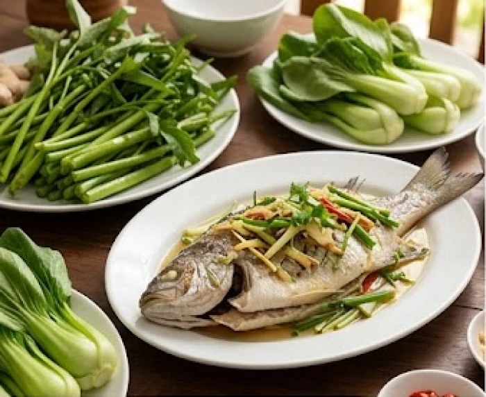 Khẩu phần ăn lành mạnh gồm nhiều rau xanh và cá hấp được trình bày đẹp mắt trên đĩa sứ trắng