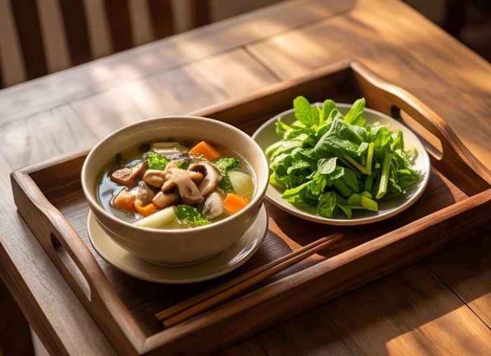 Khay thức ăn dinh dưỡng với súp nấm và rau xanh được bài trí tinh tế trên chiếc bàn gỗ
