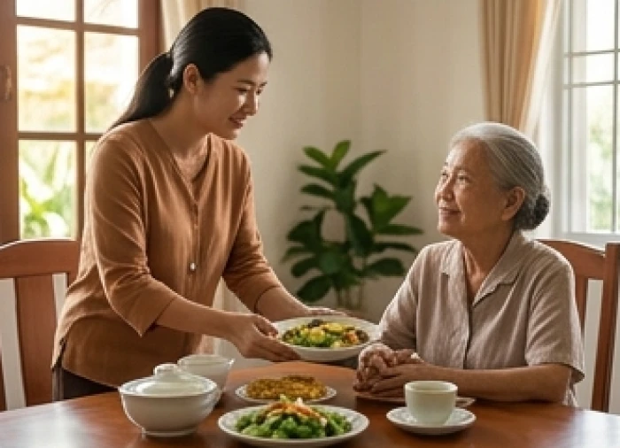 Con cháu chuẩn bị bữa ăn riêng giảm muối và pha trà loãng theo chỉ dẫn của bác sĩ cho người lớn tuổi