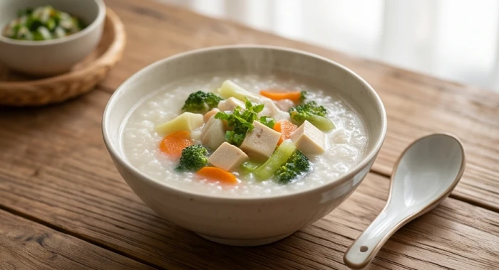Bữa ăn chay thanh đạm gồm cháo và rau củ luộc mềm tốt cho hệ tiêu hóa người già