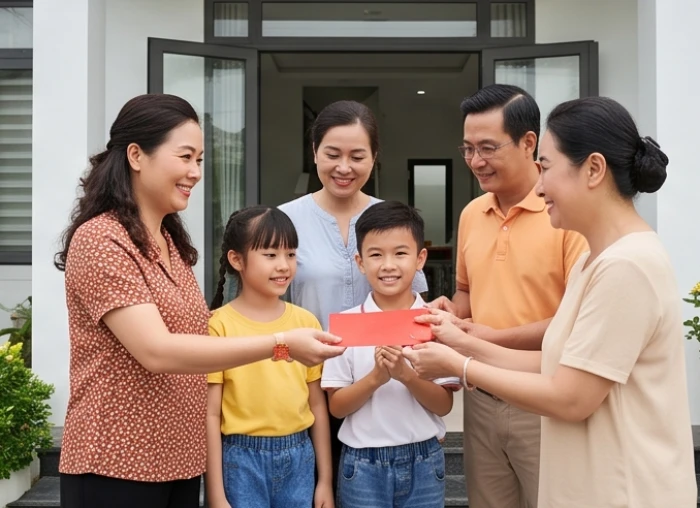 Chủ nhà tiến hành nghi lễ nhập trạch và nhận lại giấy chuộc nhà tượng trưng từ người mượn tuổi trước đó