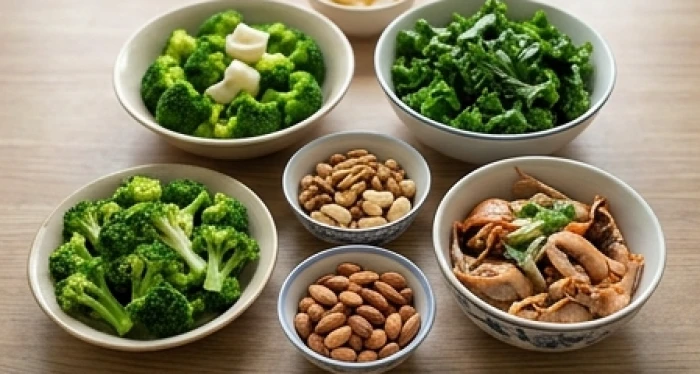 Bữa ăn dinh dưỡng với các loại rau xanh đậm và hạt tươi giúp duy trì mật độ xương ở tuổi 46