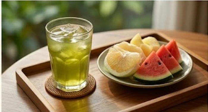 Đĩa trái cây tươi mát và ly nước trà xanh giúp cân bằng lại âm dương và làm dịu tình trạng hỏa khí tích tụ trong cơ thể