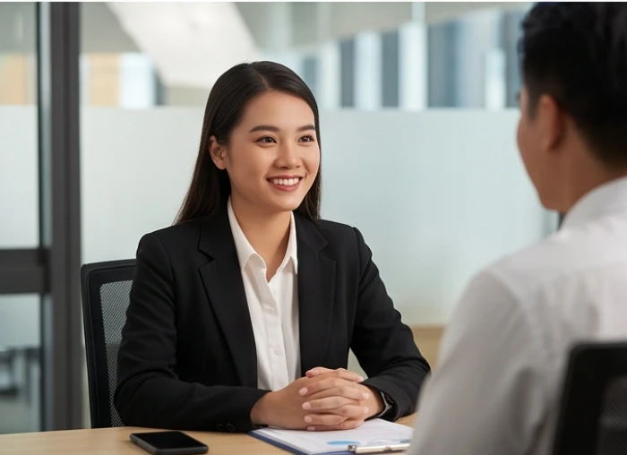 Nữ thực tập sinh tự tin mỉm cười trong buổi phỏng vấn tại môi trường công sở