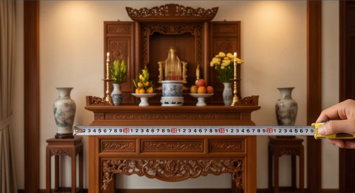 Bàn thờ gia tiên trang nghiêm được đo đạc chuẩn theo thước Lỗ Ban 38,8 cm rớt vào các cung đỏ cát lợi