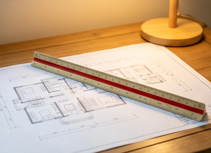 Cuộn thước lỗ ban phong thủy được kéo dài đặt trên bản vẽ kiến trúc