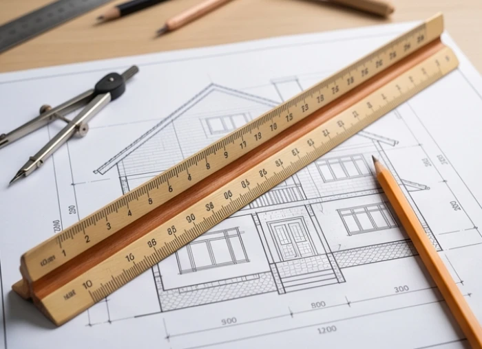 Thước Lỗ Ban phong thủy và bản vẽ thiết kế xây dựng trải rộng trên bàn làm việc