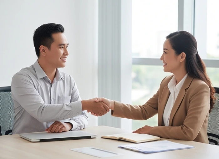 Hai người đang bắt tay hợp tác thể hiện sự bình tĩnh khi giải quyết các bất đồng công việc