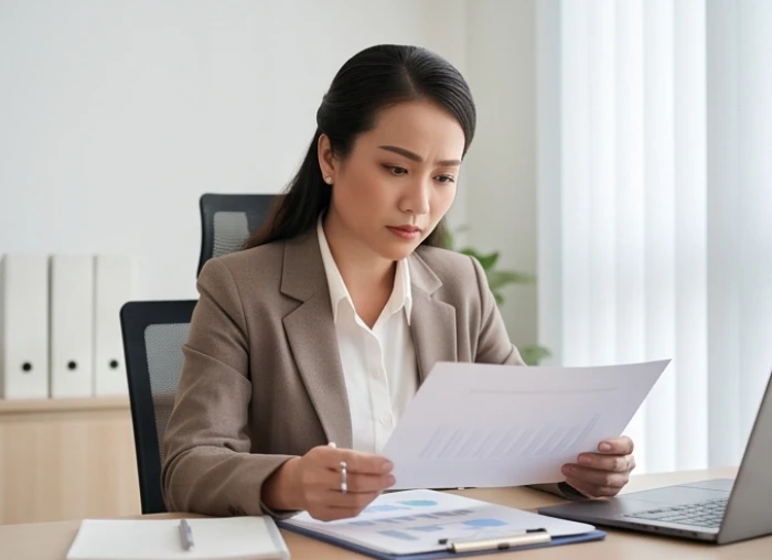 Một nữ doanh nhân đang suy nghĩ cẩn trọng khi xem xét bản hợp đồng kinh doanh trên bàn làm việc