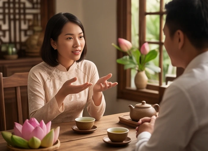 Một người phụ nữ đang ngồi đối diện đối tác bàn bạc công việc bên tách trà sen truyền thống