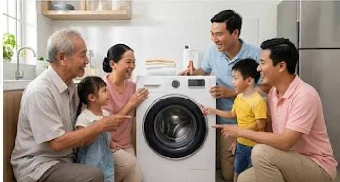 Gia đình ba thế hệ cùng nhau xem xét cách sử dụng chiếc máy giặt mới mua trong niềm vui vẻ