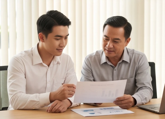 Hai cộng sự đang mỉm cười gật đầu đồng ý sau khi thảo luận chung một bản kế hoạch điều chỉnh
