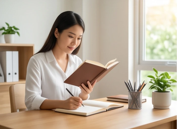 Phụ nữ trẻ chăm chỉ đọc sách và ghi chép tích lũy kiến thức phát triển sự nghiệp cá nhân