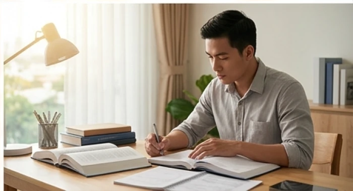 Chàng trai nam Bính Dần thời trẻ chăm chỉ nghiên cứu tài liệu chuyên môn và rèn luyện kỹ năng thực tế tại thư viện làm việc