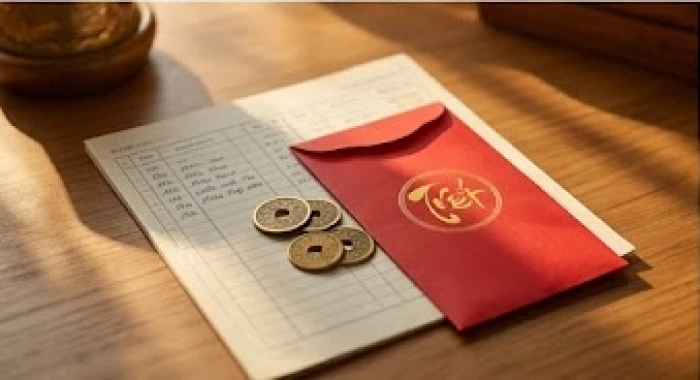 Những đồng xu phong thủy và phong bao lì xì đỏ được sắp xếp cẩn thận bên cạnh cuốn sổ tiết kiệm gia đình
