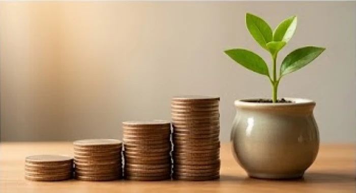 Những đồng xu được xếp chồng ngay ngắn bên cạnh một chậu cây xanh tươi đang lớn dần