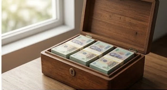 Những cuốn sổ tiết kiệm và các xấp tiền mặt được sắp xếp cẩn thận trong một chiếc hộp gỗ