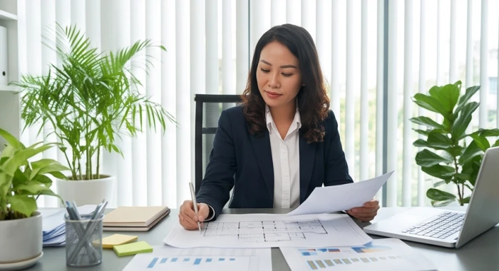 Người phụ nữ thành đạt xem xét hợp đồng và bản đồ quy hoạch nhà đất trong văn phòng làm việc sang trọng