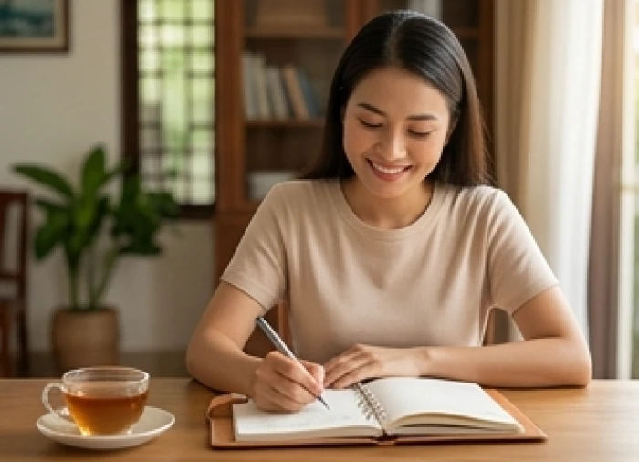 Người phụ nữ mỉm cười hài lòng khi ghi chép lại những thành quả đạt được ở độ tuổi ngoài 30