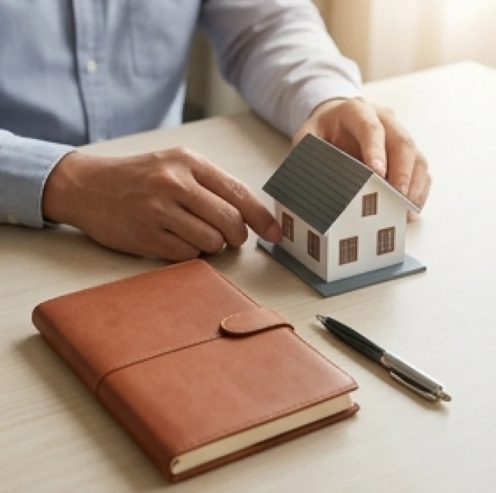 Bàn tay người đàn ông đang cầm mô hình ngôi nhà nhỏ đặt cạnh cuốn sổ tiết kiệm và bút viết