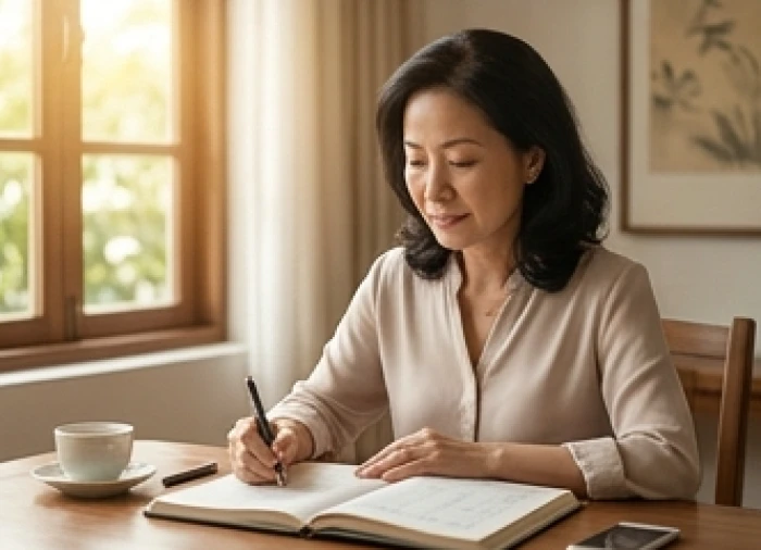 Người phụ nữ điềm đạm đang mỉm cười ghi chép sổ sách tài chính gia đình bên khung cửa sổ ngập nắng
