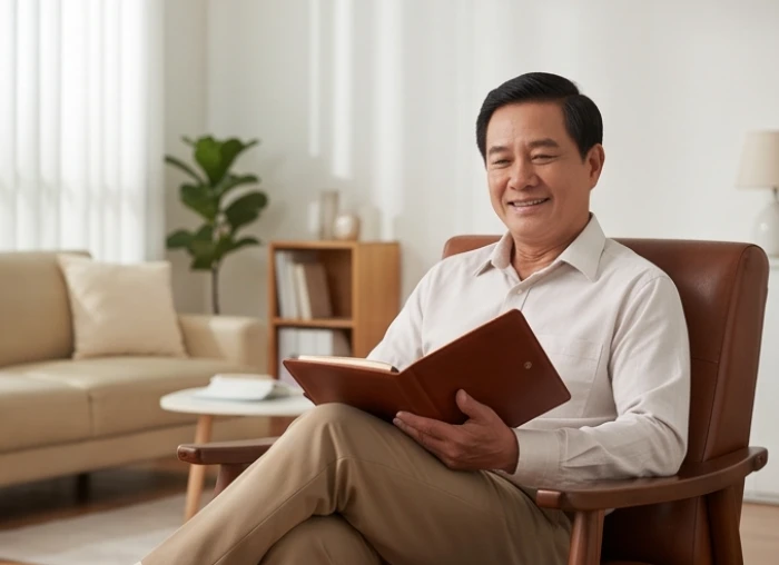 Người đàn ông trung niên đang xem xét các giấy tờ tài chính trong một căn phòng yên tĩnh