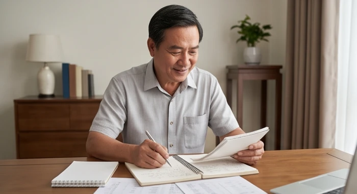 Người đàn ông trung niên điềm tĩnh ngồi đọc sách và xem xét sổ sách tài chính tại thư phòng tĩnh lặng của gia đình