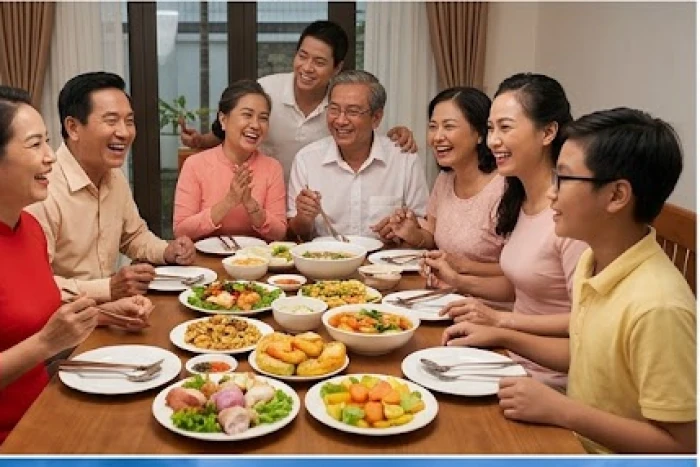 Gia đình nhiều thế hệ đang quây quần vui vẻ trong một buổi tiệc kỷ niệm đầm ấm