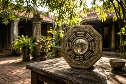 Chiếc gương đồng chạm khắc đồ hình tiên thiên bát quái tinh xảo đặt trên mặt bàn gỗ cổ kính