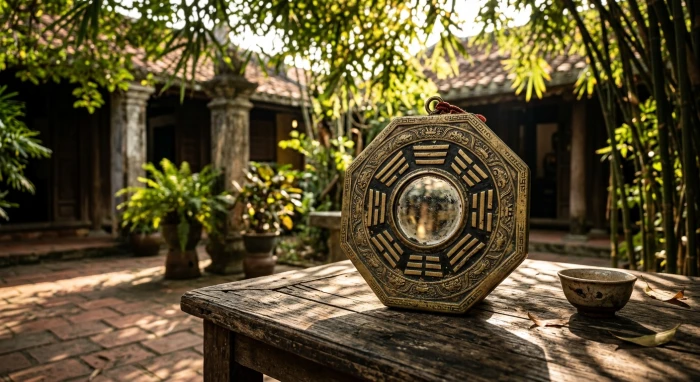 Chiếc gương đồng chạm khắc đồ hình tiên thiên bát quái tinh xảo đặt trên mặt bàn gỗ cổ kính