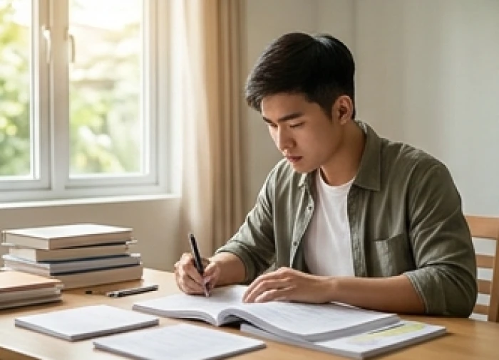 Chàng trai trẻ tuổi nhâm tý miệt mài nghiên cứu tài liệu trong thư viện thể hiện ý chí rèn luyện vượt khó