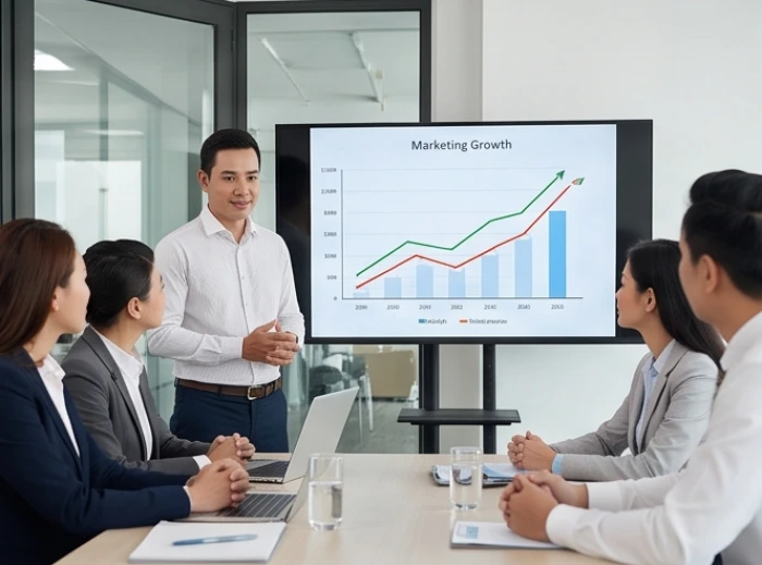 Buổi thuyết trình kế hoạch tiếp thị và ra mắt sản phẩm với biểu đồ tăng trưởng doanh thu tích cực tại phòng họp công ty