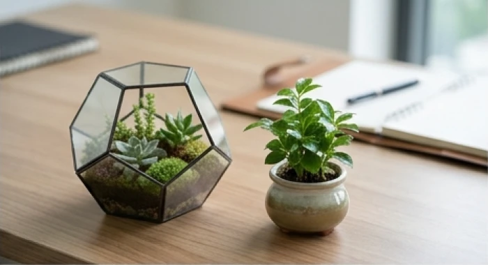 Mẫu chậu gốm tráng men và tiểu cảnh terrarium trồng cây xanh để bàn trang trí sang trọng góc văn phòng