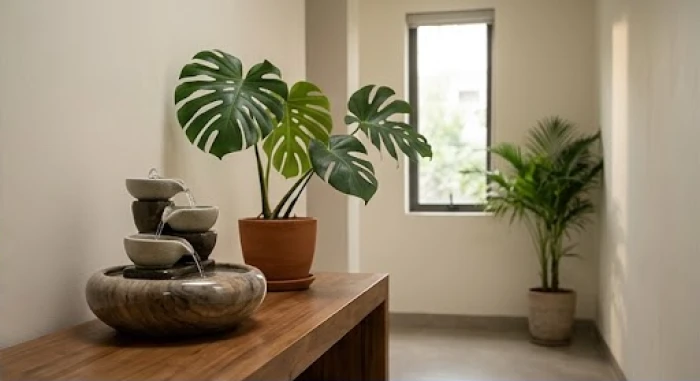 Bình thủy sinh kết hợp cùng cây xanh lá rộng đặt tại góc hành lang để cân bằng ngũ hành cho không gian