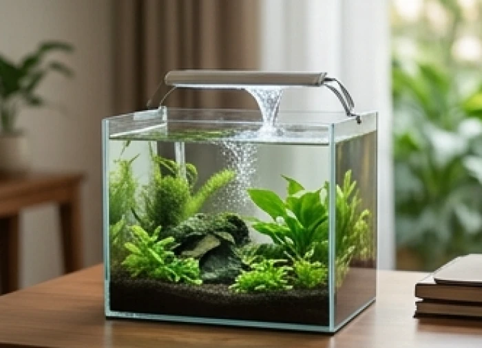 Bể cá thủy sinh mini với dòng nước chảy róc rách được bố trí tinh tế trên bàn làm việc bằng gỗ mộc