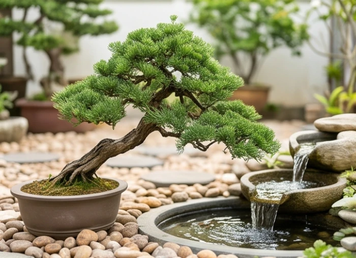 Chậu tùng cối dáng thác đổ duyên dáng vươn cành lá xanh đen ra phía trên hồ nước tuần hoàn nhỏ