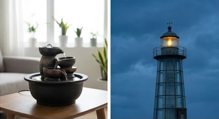 Tiểu cảnh đài phun nước mini bằng gốm sứ đặt trong phòng khách giúp cân bằng sinh khí giữa Kim và Mộc