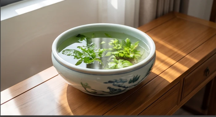 Bể nước thủy sinh phong thủy với cây xanh tươi tốt trang trí phòng khách tượng trưng cho thủy sinh mộc