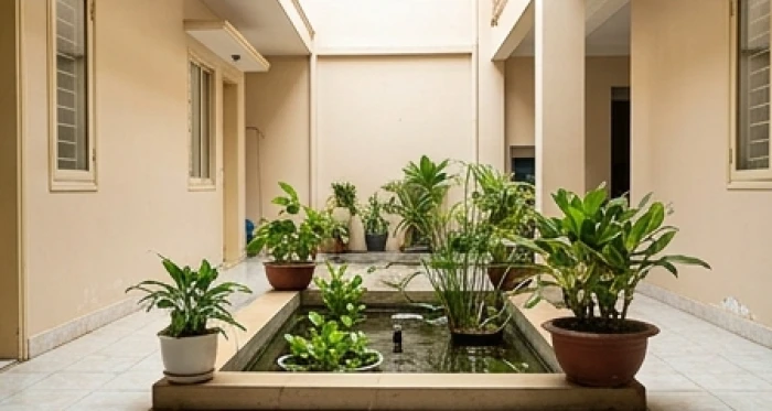 Tiểu cảnh cây xanh và hòn non bộ nhỏ đặt ở góc sân vườn nhiều ánh sáng