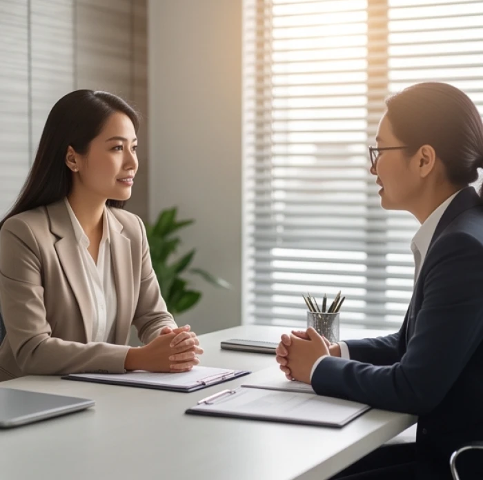 Ứng viên tuổi Dần trao đổi tiêu chí lộ trình thăng tiến và quyền tự chủ trong buổi phỏng vấn nhân sự cấp cao
