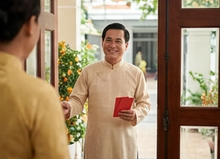 Vị khách nam giới khỏe mạnh cởi mở bước qua cửa chính mang theo lời chúc tốt đẹp đầu năm mới