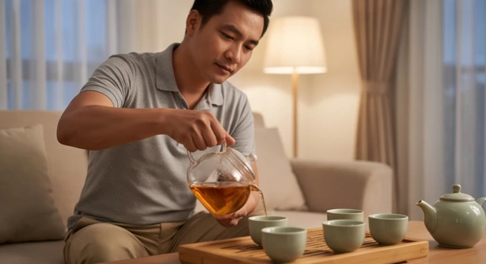 Người chồng tuổi Tân Dậu chủ động pha ấm trà nóng như một cách thể hiện thiện ý làm hòa với vợ