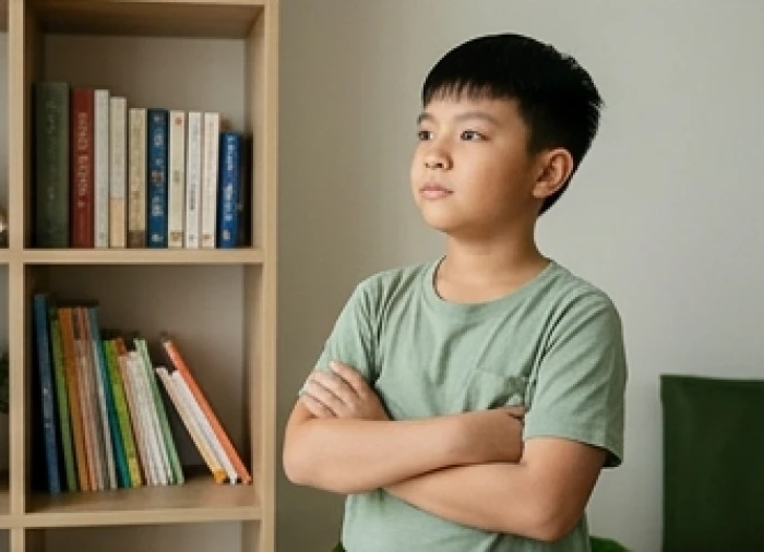 Bé trai khoanh tay biểu lộ cảm xúc kiên quyết bảo vệ quan điểm riêng minh chứng cho cái tôi cao của trẻ mệnh Hỏa