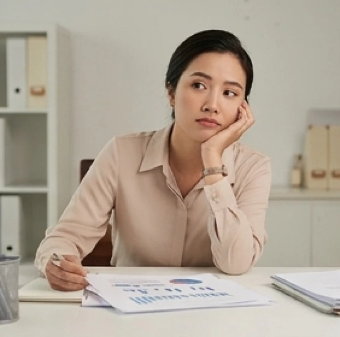 Nữ nhân viên văn phòng bộc lộ biểu cảm suy tư xen lẫn một chút chán nản với đống tài liệu trên bàn